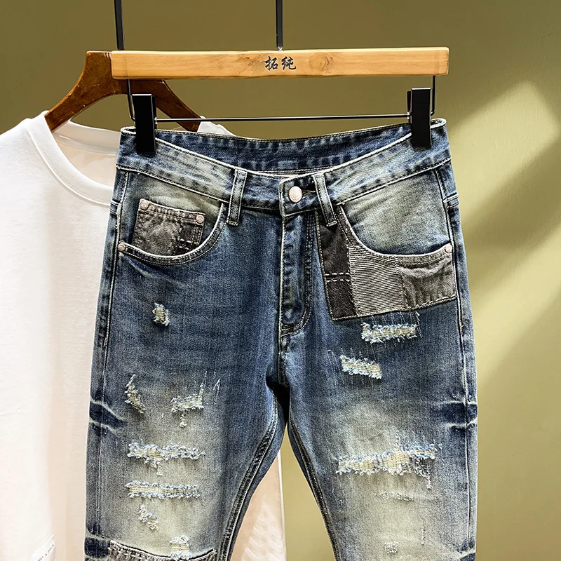 Street Beat Personality Splicing Casual Jeans Broken Stretch Slim Embroidery Patches Flap Small Straight Men's Pants