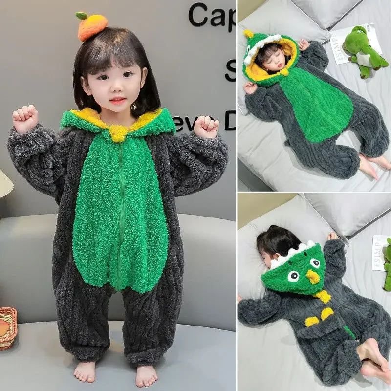 Children's Thick Coral Fleece Jumpsuit Little Girl's Autumn and Winter Cartoon Climbing Clothes Baby Flannel Hooded Home Clothes