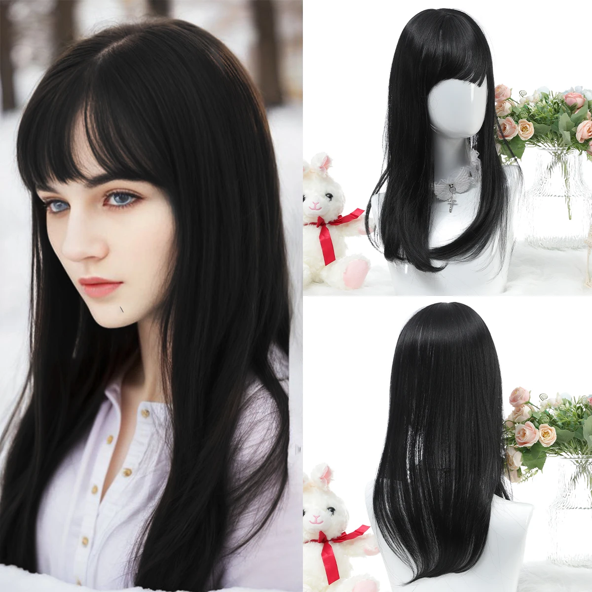 Long Straight Hair Synthetic Comic Reissue Black Wig With Bangs Golden Black Clip On For Woman