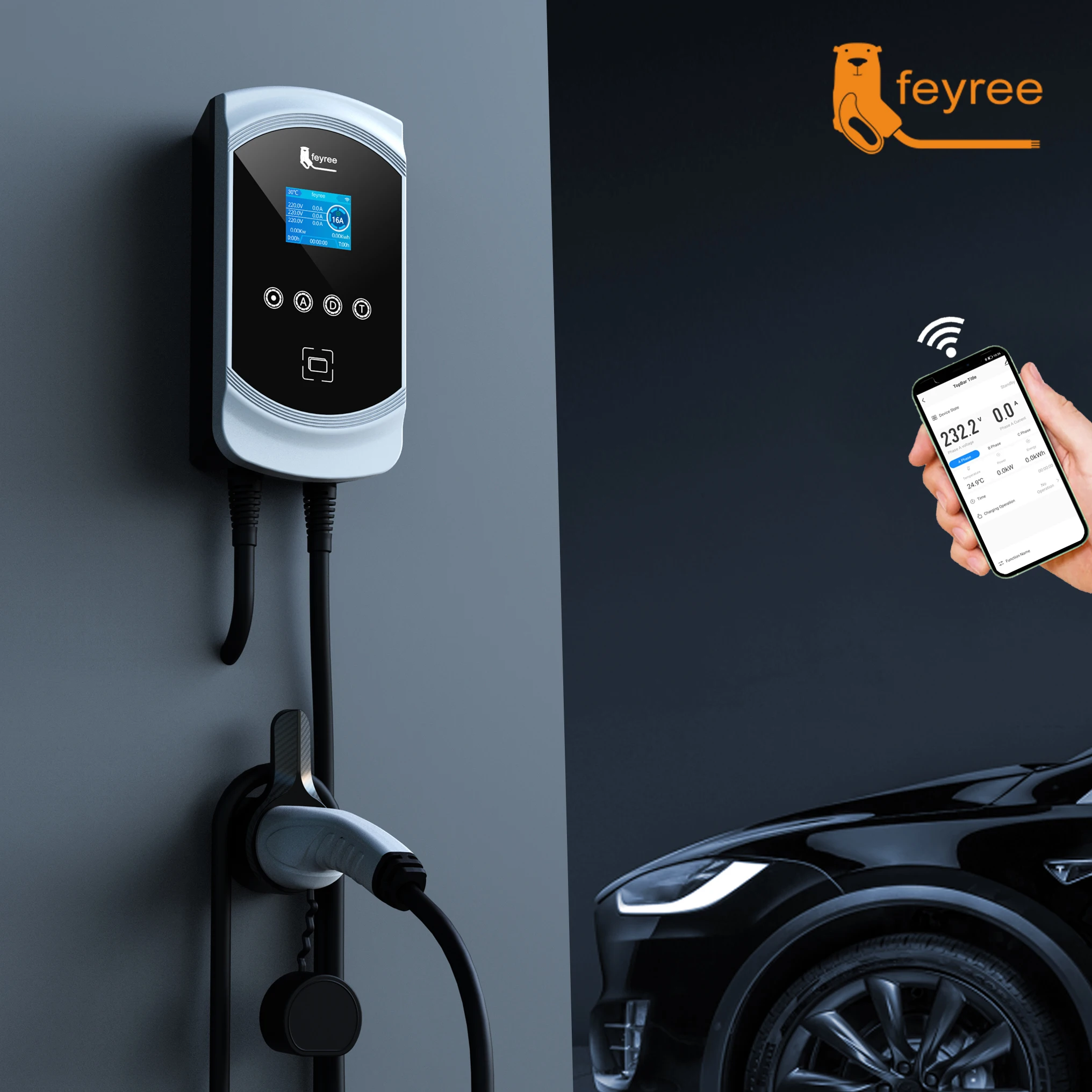 feyree EV Charger 32A 7.6KW Electric Vehicle Car Charger EVSE Wallbox 11KW 22KW 3Phase Type2 Cable IEC62196-2 Socket APP Control 19