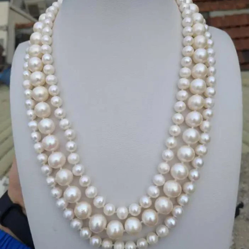

Beautiful New Triple Strand Natural South Sea White Pearl Necklace 6-9mm At Wedding 17-19" Free Shipping