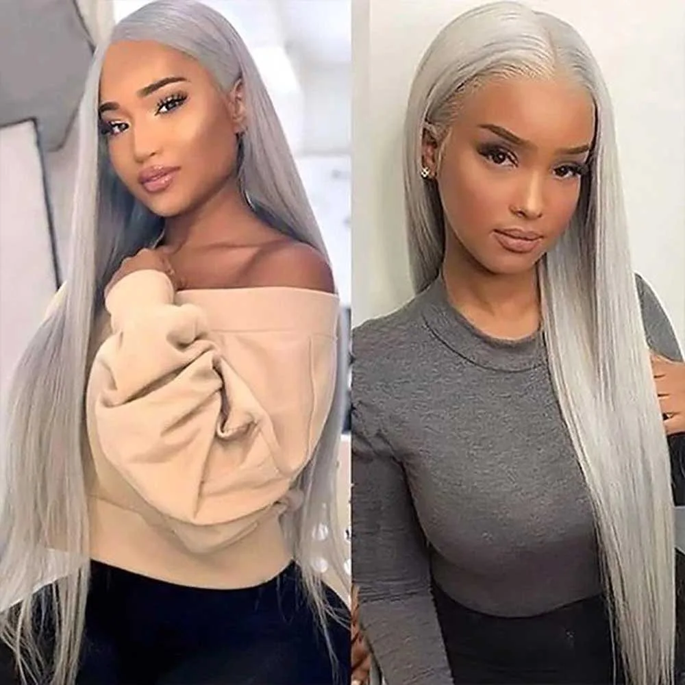 13x6 Hd Lace Human Hair Wig 30 40 Inch 180% Density Silver Gray Colored Vietnamese Bone Straight Human Hair Wigs For Black Women 3