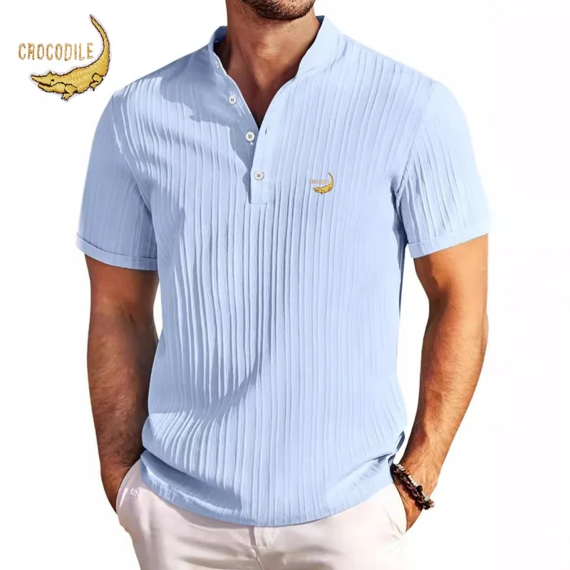 New High-end Embroidered Cotton and Linen Striped Henry Shirt for Men's Summer Casual Fashion Comfortable Breathable T-shirt Top 7 S247c4cffcb0e4ffeb92a3ad775438eb7n