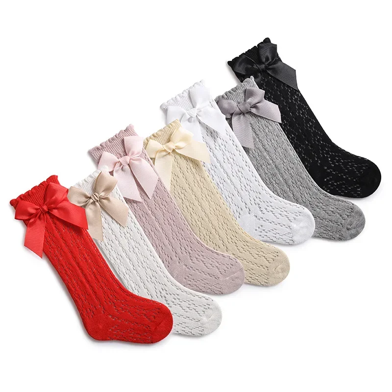 Baby Knee High Socks Kids Girls Boys Bow Long Sock Soft Cotton Mesh Breathable Children Hollow Out Socken for 0-3 Years Old 3