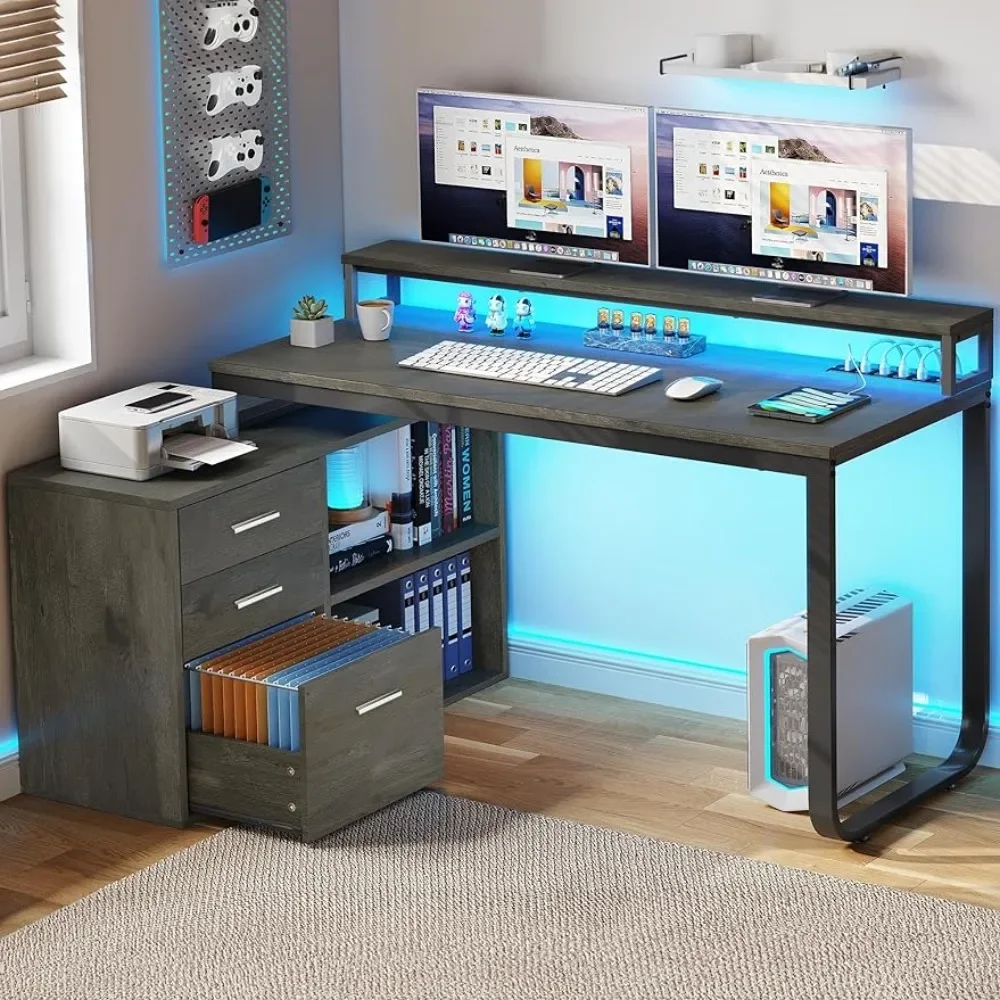 

L-образный стол с 3 ящиками, угловой компьютерный стол с розеткой питания и детской шкафом для хранения документов с домашним офисом