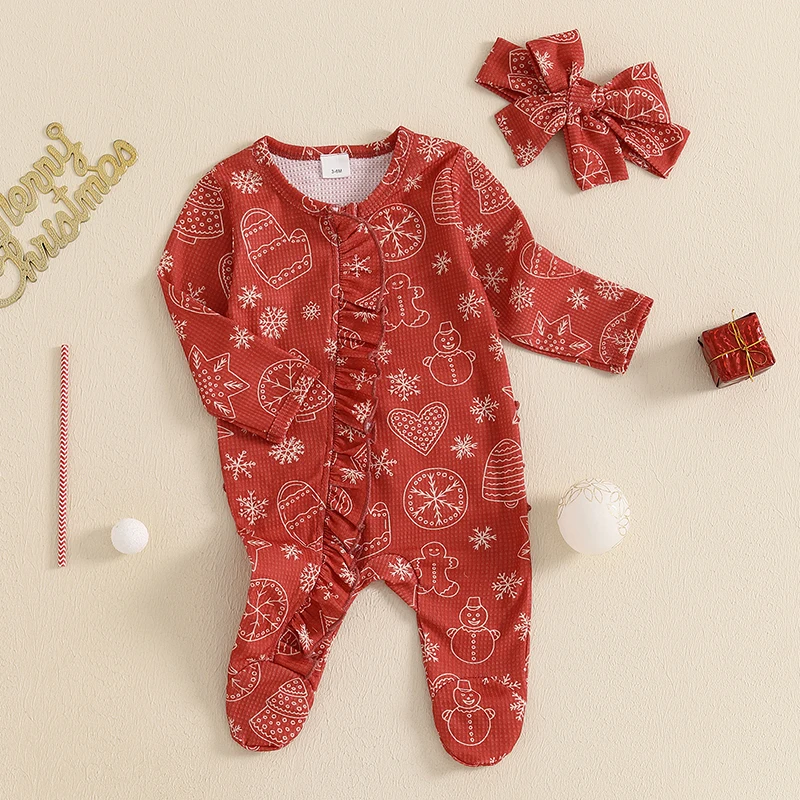 Baby Girls Christmas Jumpsuit Long Sleeve Gingerbread Man Snowman Candy Cane Print Romper with Headband
