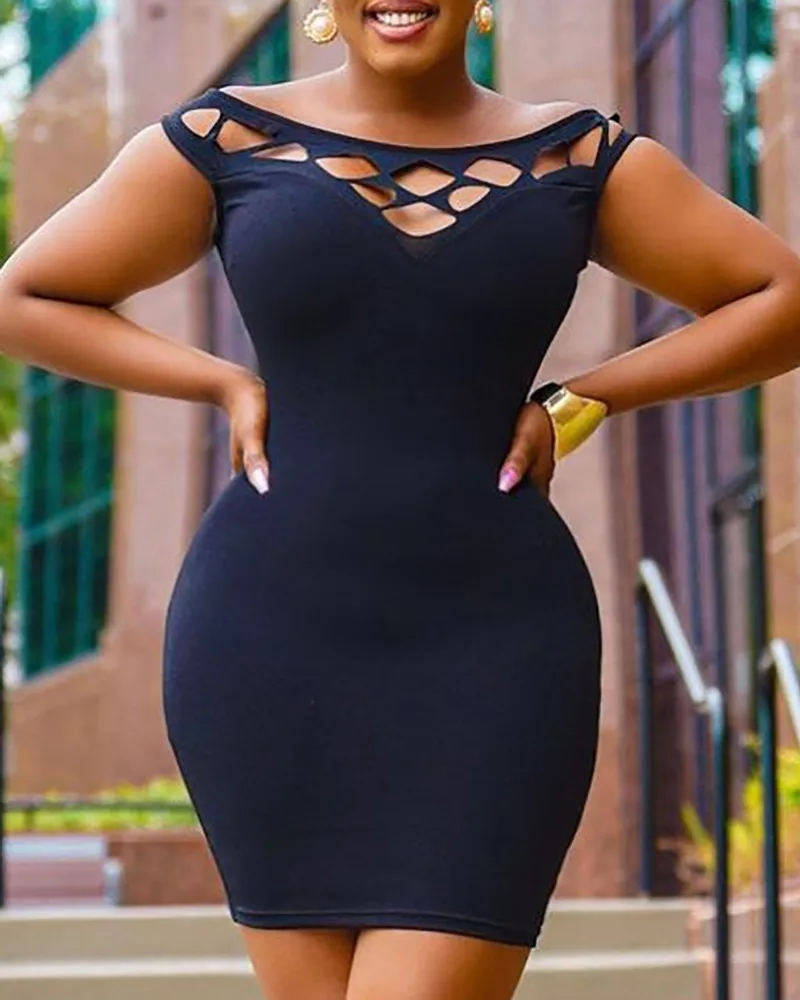 Sexy round neck skinny black bodycon dress women 2022 short sleeve