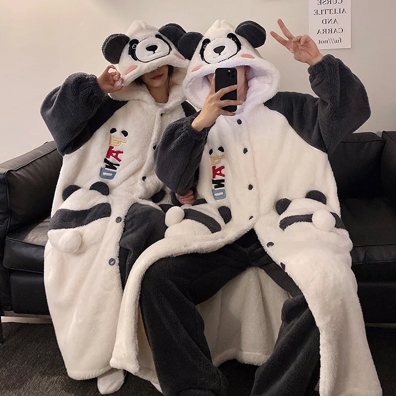 Cartoon Panda Winter Couple Pajamas Women Men Warm Thicken