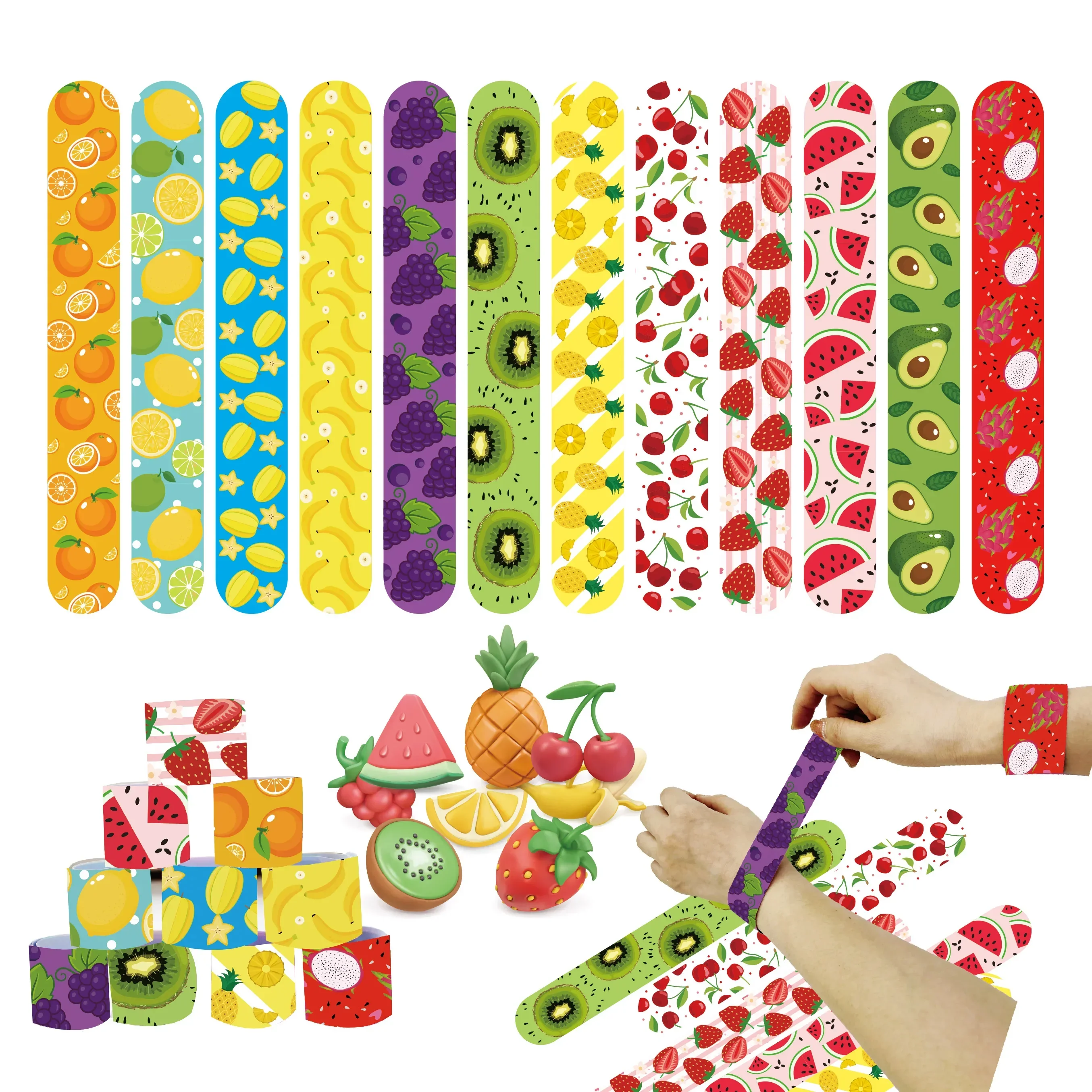 12pcs Fruit Slap Bracelets Strawberry Lemon Watermelon Bracelets Kids Boys Girls Gifts Happy Fruit Birthday Party Favors