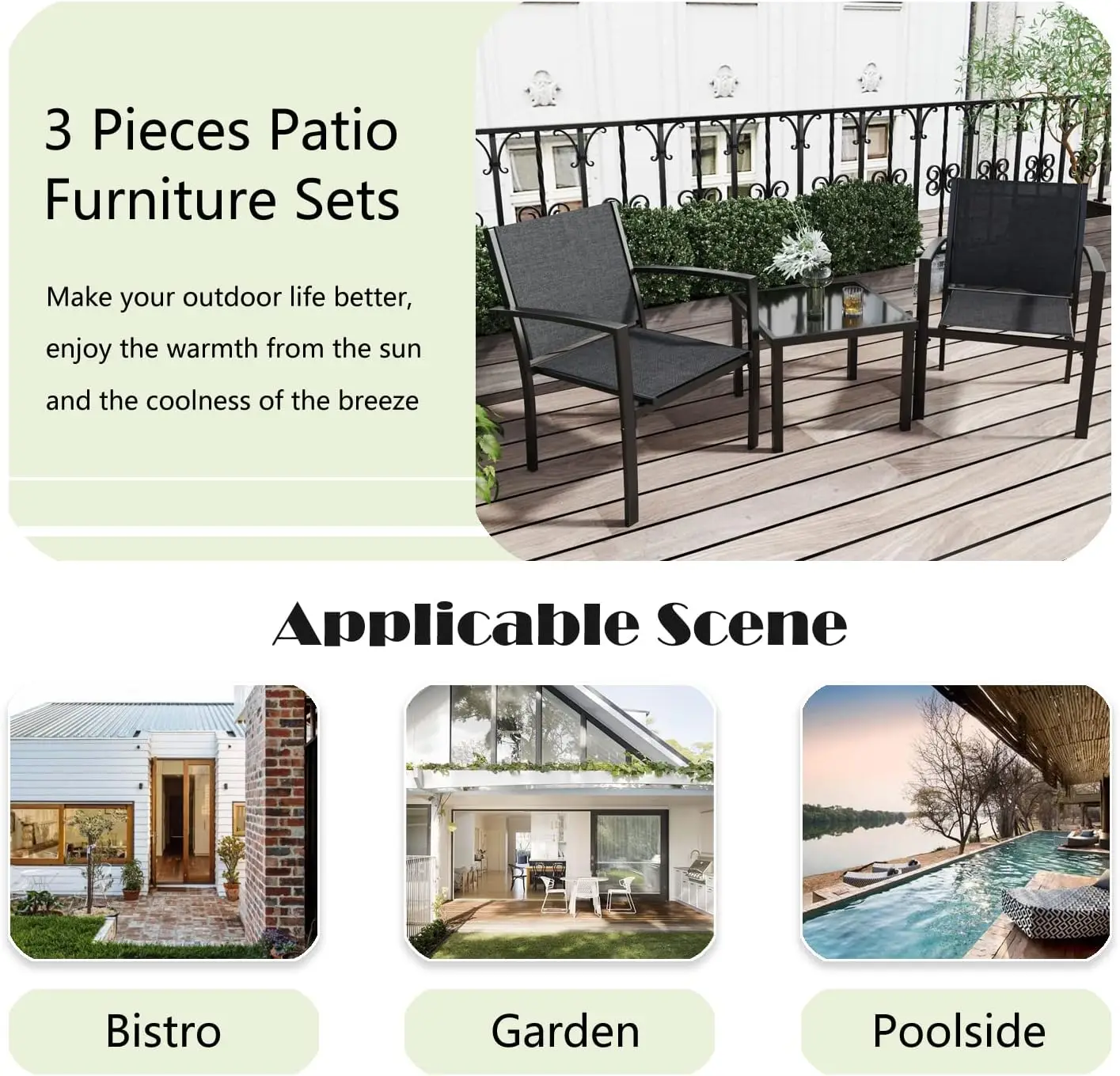 3 Pieces Patio Furniture Set Outdoor Conversation Textilene Fabric Chairs for Lawn, Garden, Balcony