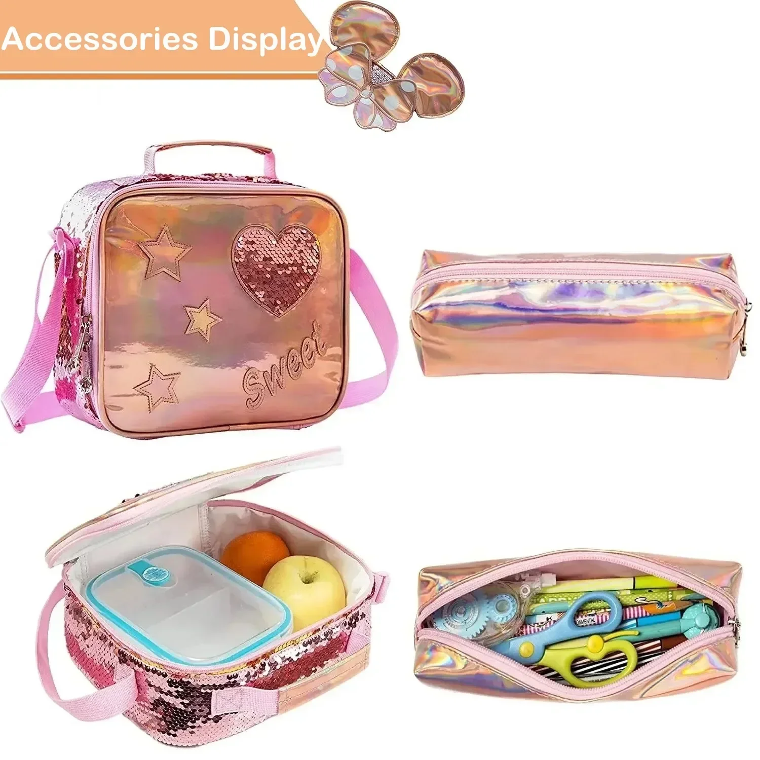 16 Inch Cute Sequin Backpack for Girl Kids School Bag Set with Lunch Box for Elementary Students Primary School 3 in 1 Bookbag 6