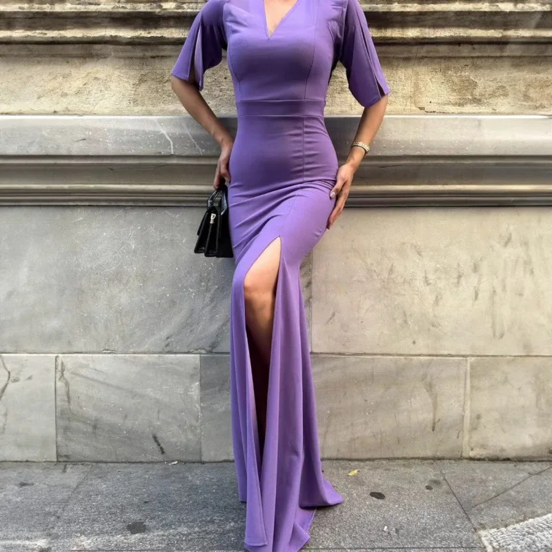 V-Neck Fashion Short Sleeve Dress Women High Waist Solid Pleated Elegant Patchwork Party Dress Ladies Autumn Long Dress