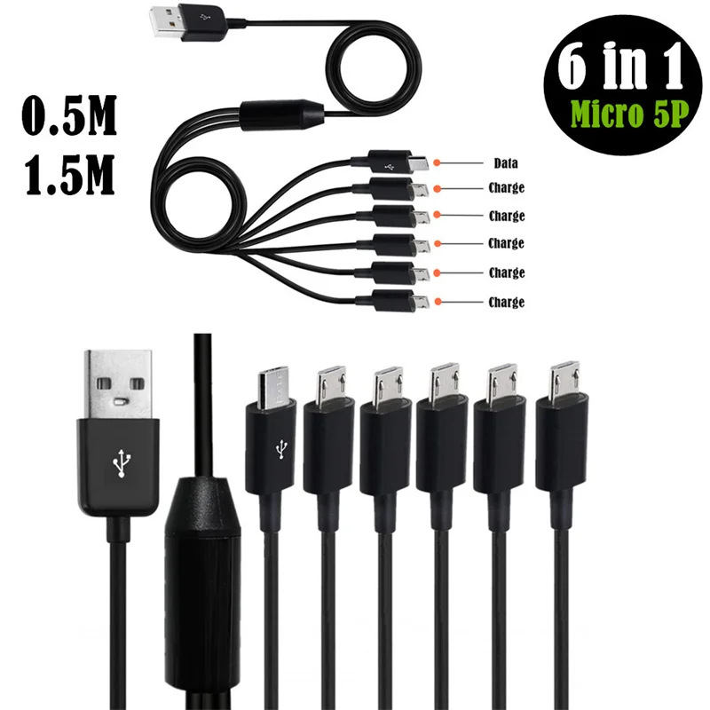 

0.5m/1.5m USB 2.0 Type A Male To 6 Micro USB 5 Pin Male Splitter Y Data Sync and Charge Connector Adapter Cable Black