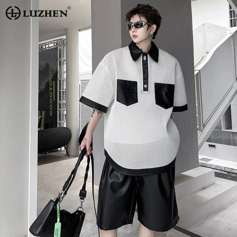 

LUZHEN Quality Out Mesh Short Sleeve High Street Hollow Shirts Color Contrast Splicing Design Men's Casual Tops Stylish Eace7b