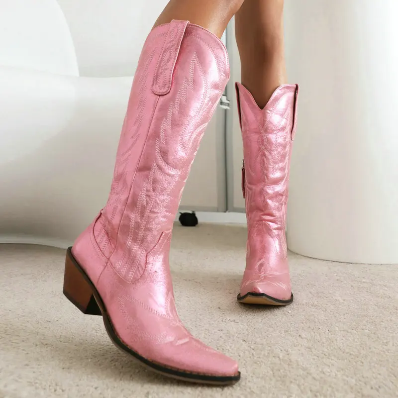 

New Winter Cowboy Boots Western Vintage Shiny Embroidery Zipper White Knee High Boots Casual Sewing Pointed Toe Punk Botas Mujer
