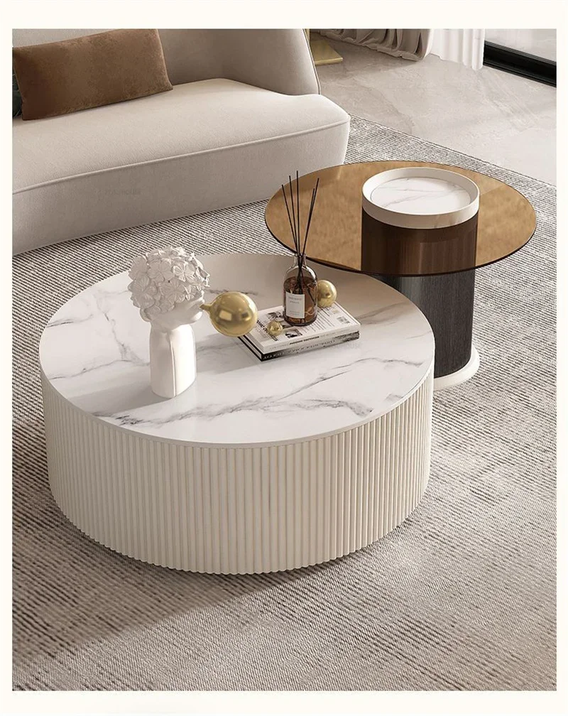 Nordic Rock Slab TV Stands Coffee Table Set Minimalist TV Cabinet Small Apartment Cream Round Coffee Table Living Room Furniture