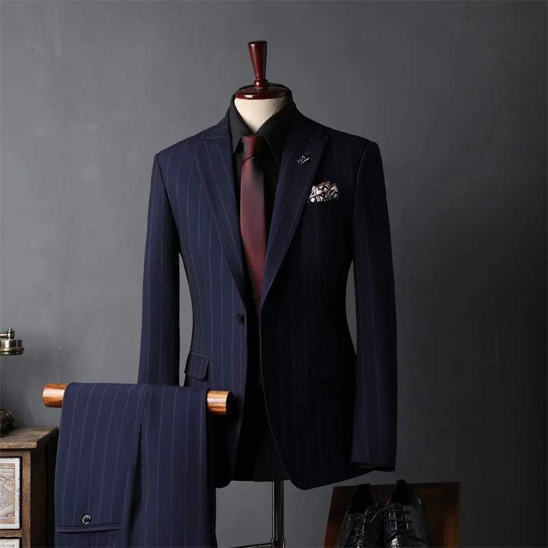 ZX324Striped suit men's full set of groom suits British style best man clothes business suit wedding suit men's clothing