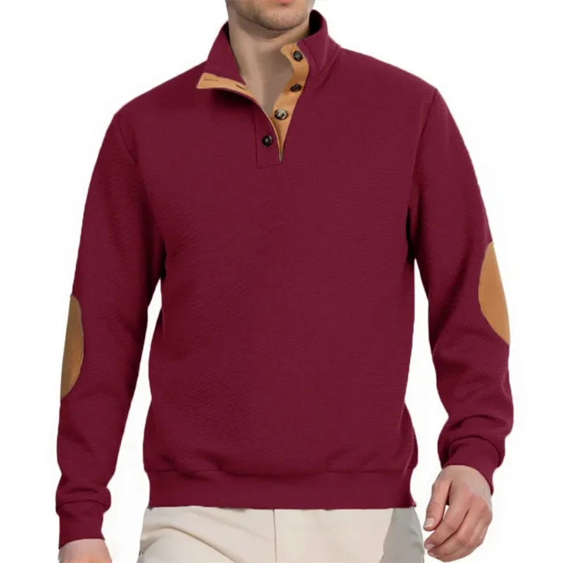 Autumn Men's Jacquard Sweatshirt Long Sleeve Patchwork Stand Casual Male Pullovers Fashion Streetwear Button HeavyWeight Outwear