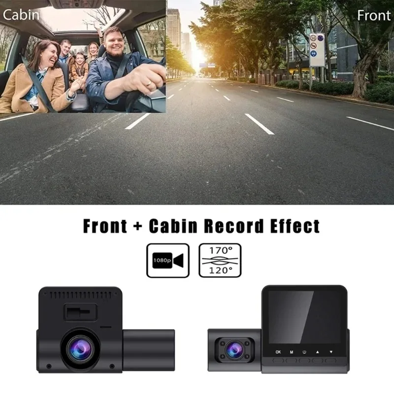 Mini 2 Channel Car DVR Three-Lens Inside Vehicle Camera Recorder Video HD1080P Dashcam Loop Recording Car Charge