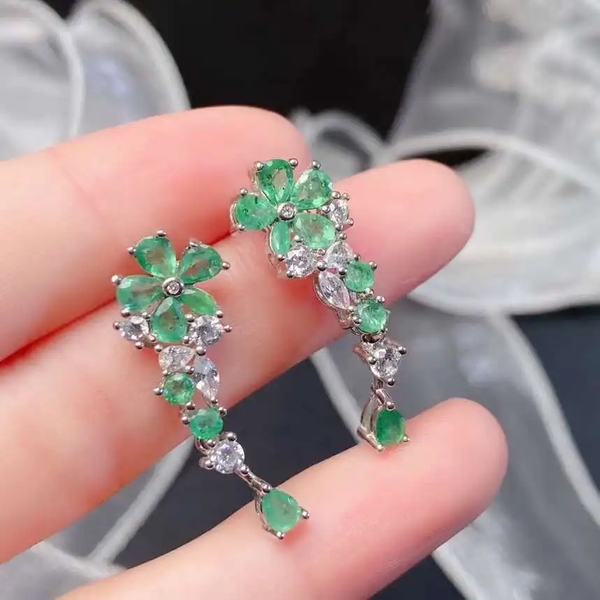 

New natural emerald earrings female earrings sterling silver 925 green flower shaped emerald earrings wedding jewelry party gift