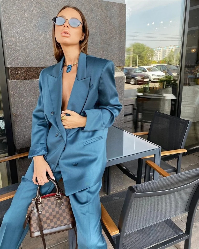 Abito 2 Pezzi Da Donna Con Pantaloni - Giacca E Pantalone Taglie Forti - Set Formale Ufficio Con Risvolto A Punta - Colore Blu Navy - Taglia L