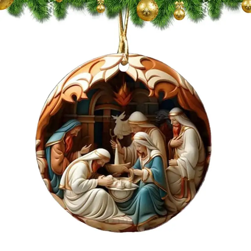 Holy Family Statue 2D Fadeless Nativity Scene Ornaments Waterproof Colorful Pendant With Rope Christmas Nativity Decor Supplies