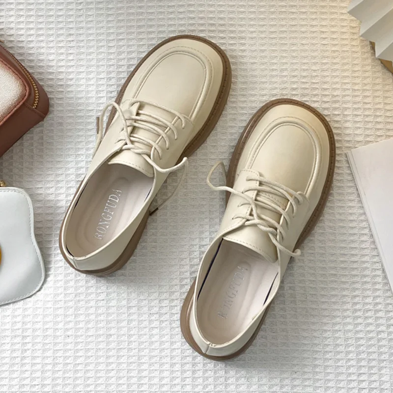

Leather Shoes Women British Style Spring Summer 2023 Soft Sole Lace Up Shoes Student Fashion Casual Non Slip Shallow Mouth Shoes