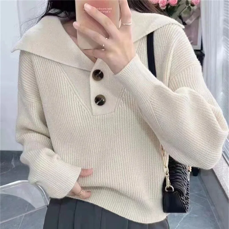 Sueter Mujer Invierno 2024 Vintage Retro New Lapel Solid Long Sleeves Knitted Top Casual Soft Office Lady Pullover CR3085 1