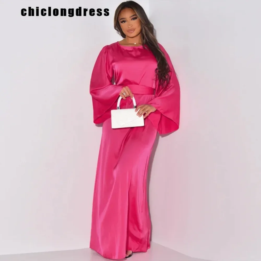 

Women's Elegant Satin Dress, Solid Loose Flare Sleeves, Lace Up Robe, Abaya Dress, Autumn Fashion