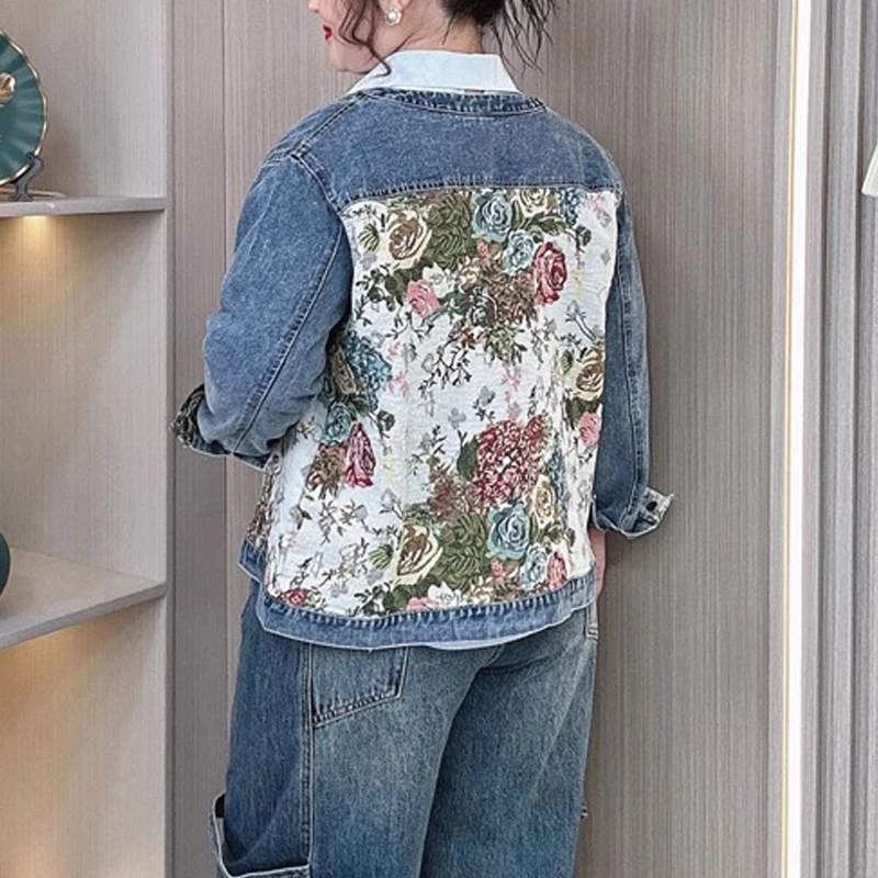 2025 Spring Chinese Style Embroidered Denim Jacket For Women, Plus Size Long Sleeve Coat With Patchwork Design, Casual 8286