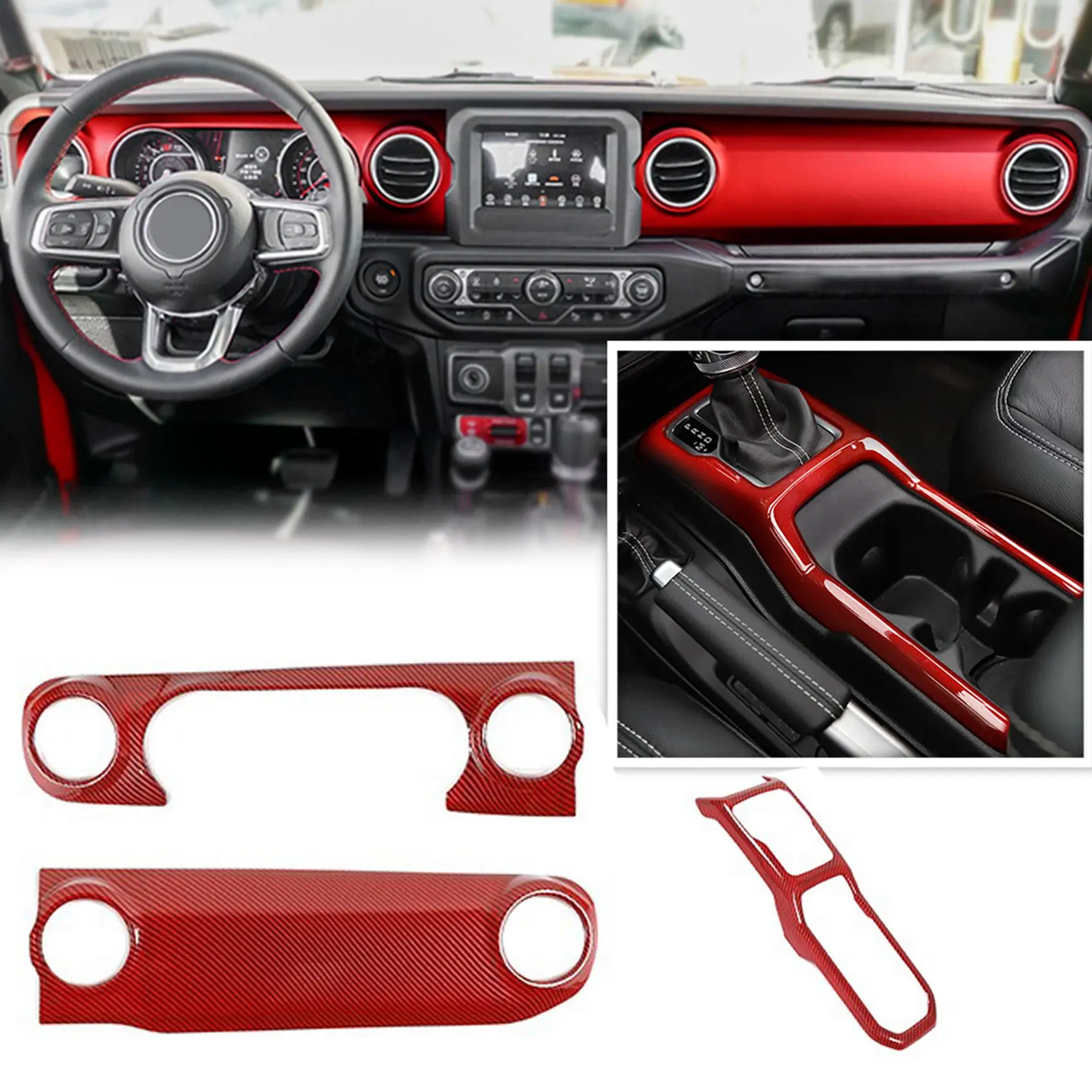 

3Pc Center Console Dashboard Control Panel Gear Shift Cover Trim for-Jeep Wrangler JL JLU Gladiator Carbon Fiber Red