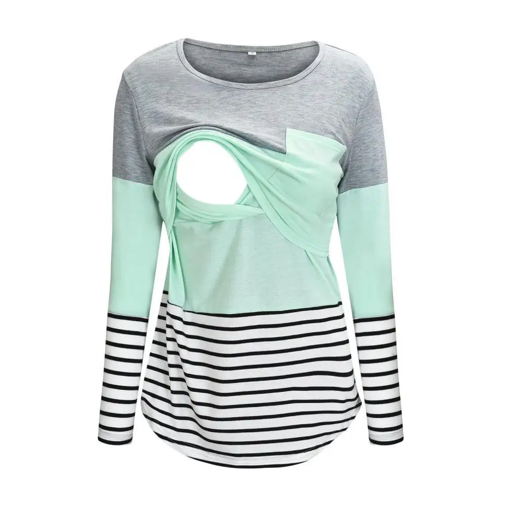 

Pregnancy Woman Clothing Breastfeeding Tees Maternity Tunic Tops With Pocket Stripe Nursing T-shirt Spring Autumn Long Sleeve