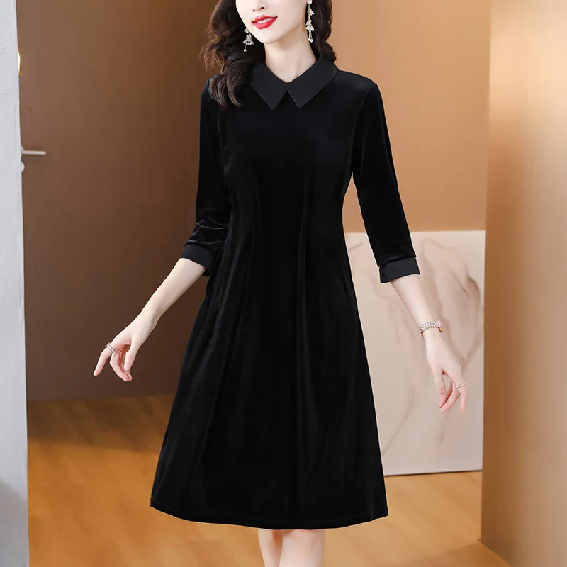 

Women Black Velvet Dress Party Evening Elegant Luxury Celebrity Autumn Winter Thick Warm Dress Korean Vintage Prom Clothes