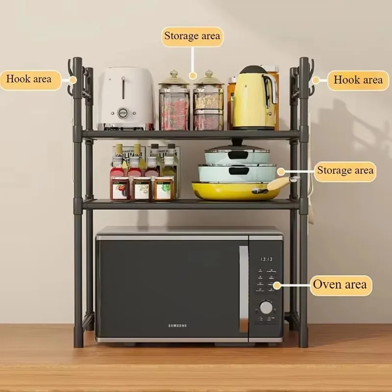 Space Saving Microwave Storage Rack Hooks Multi-Layer Sturdy Organizer Kitchen Countertop Storage Cabinet Essentials
