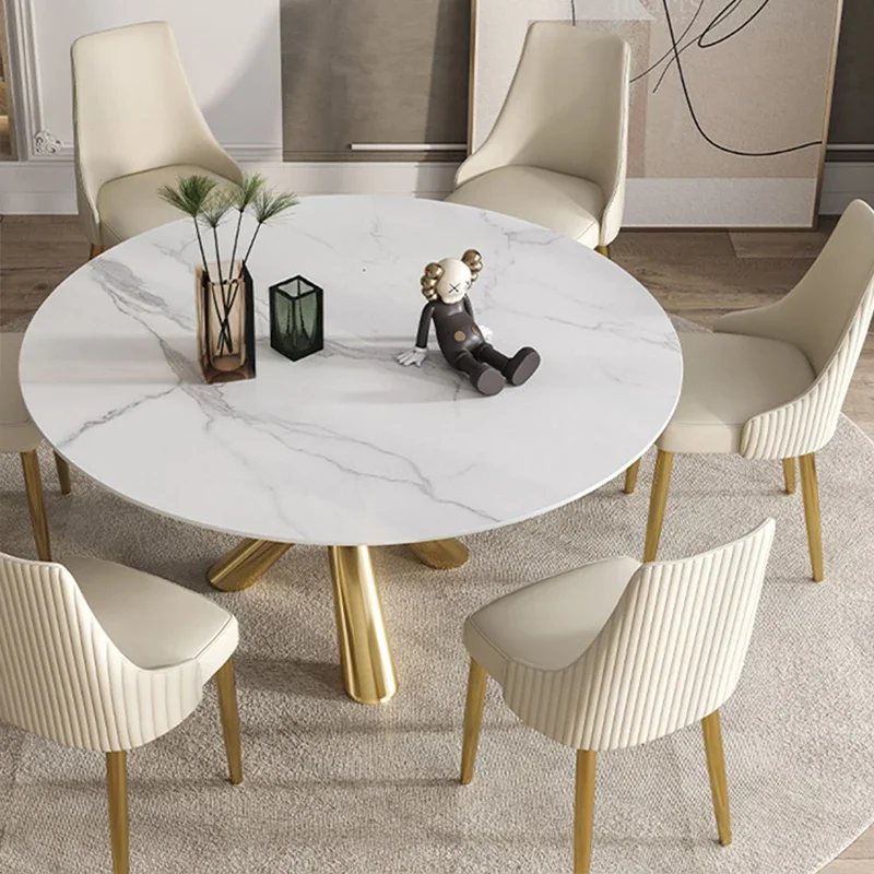 

Creative Custom Size Family Stainless Steel Gilded Dining Table Italian Light Luxury Rock Board Round Dining Table And Chair Set