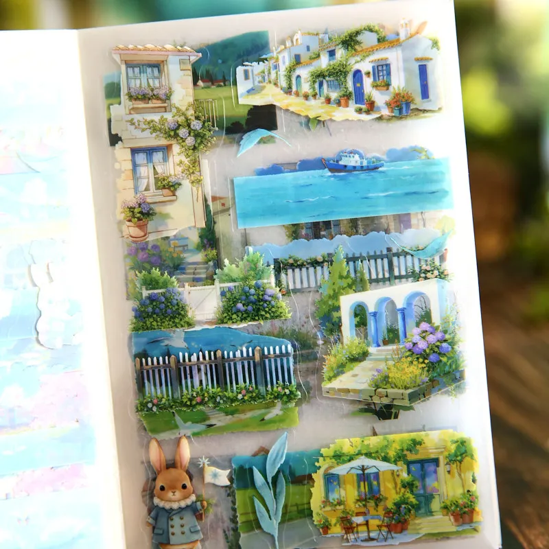 힐링 풍경 스티커, 동화 정원 시리즈, 토끼집과 꽃 장면, DIY 저널 장식 재료