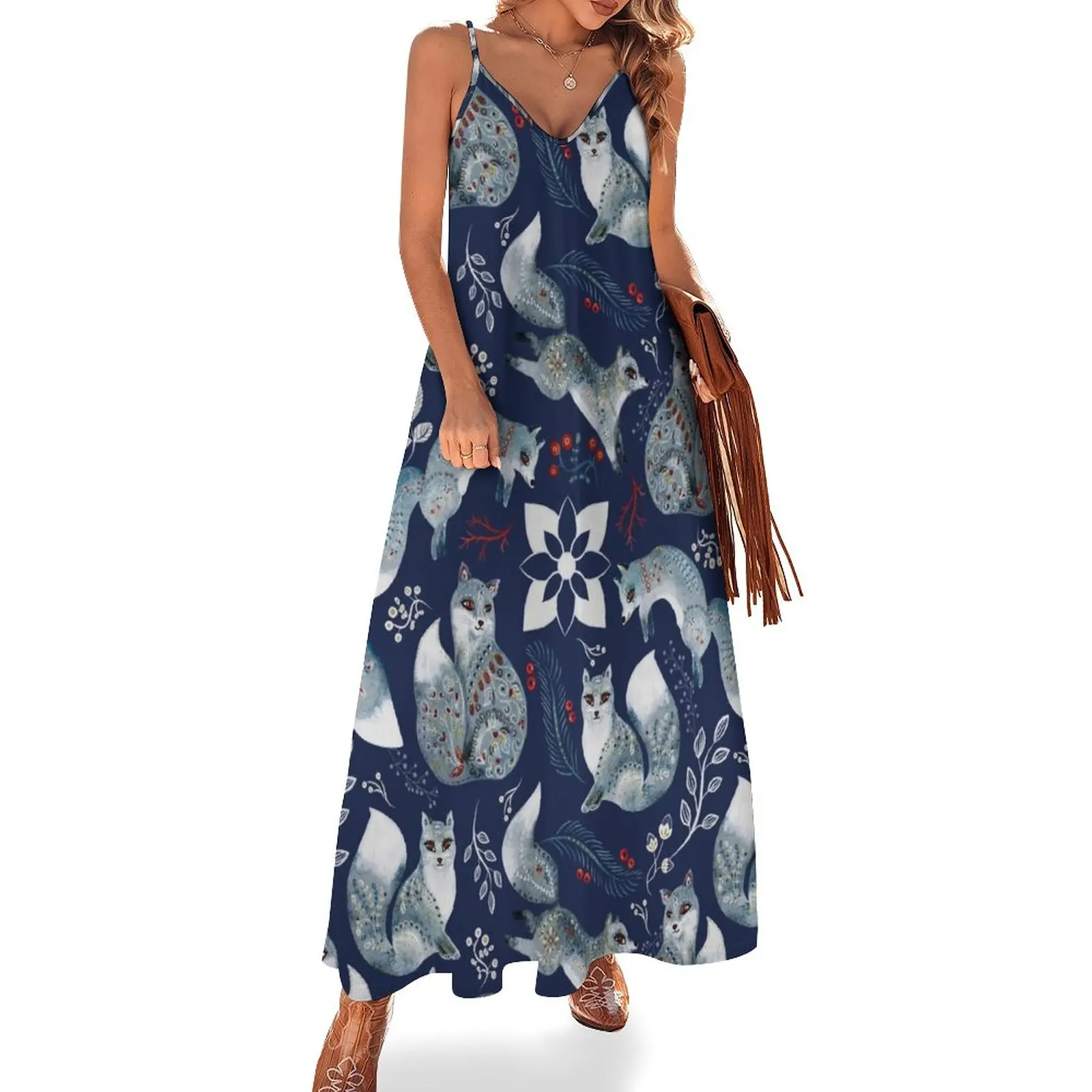 

Watercolor fox folk pattern - Blue Sleeveless Dress Women's summer long dress women's dresses luxury summer women's suit