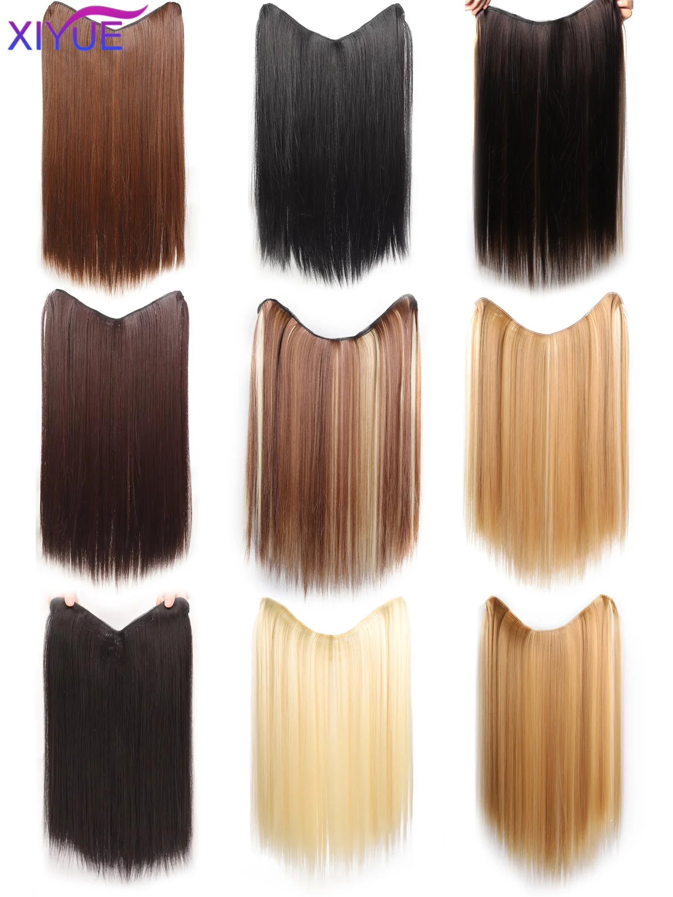 XIYUE Synthetic Long Straight U-Shaped Half Head Wig for Women Black Brown Clips in Hair Extension Natural Fake Hairpieces