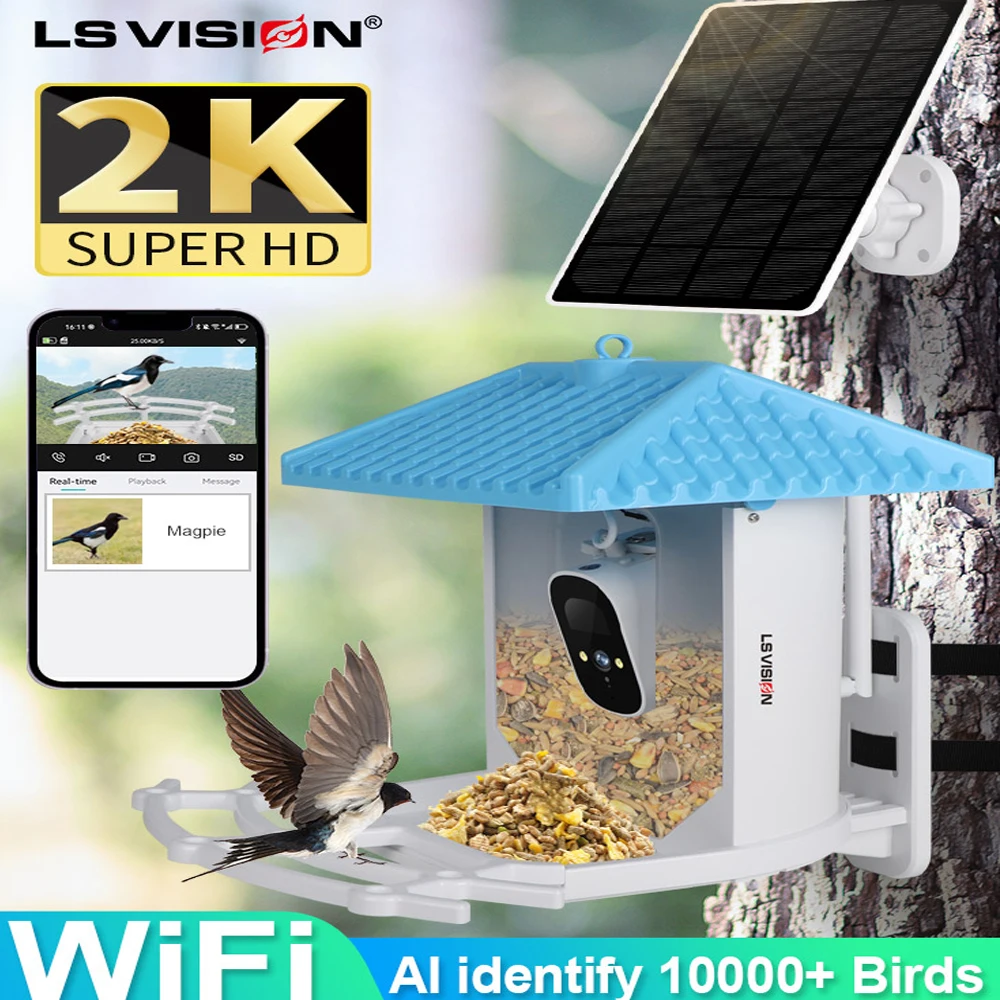 

LS VISION Smart Bird Feeder Camera WiFi with Solar Panel AI Identify Bird Species, Auto Capture Watching 2K Cam, Live View ,