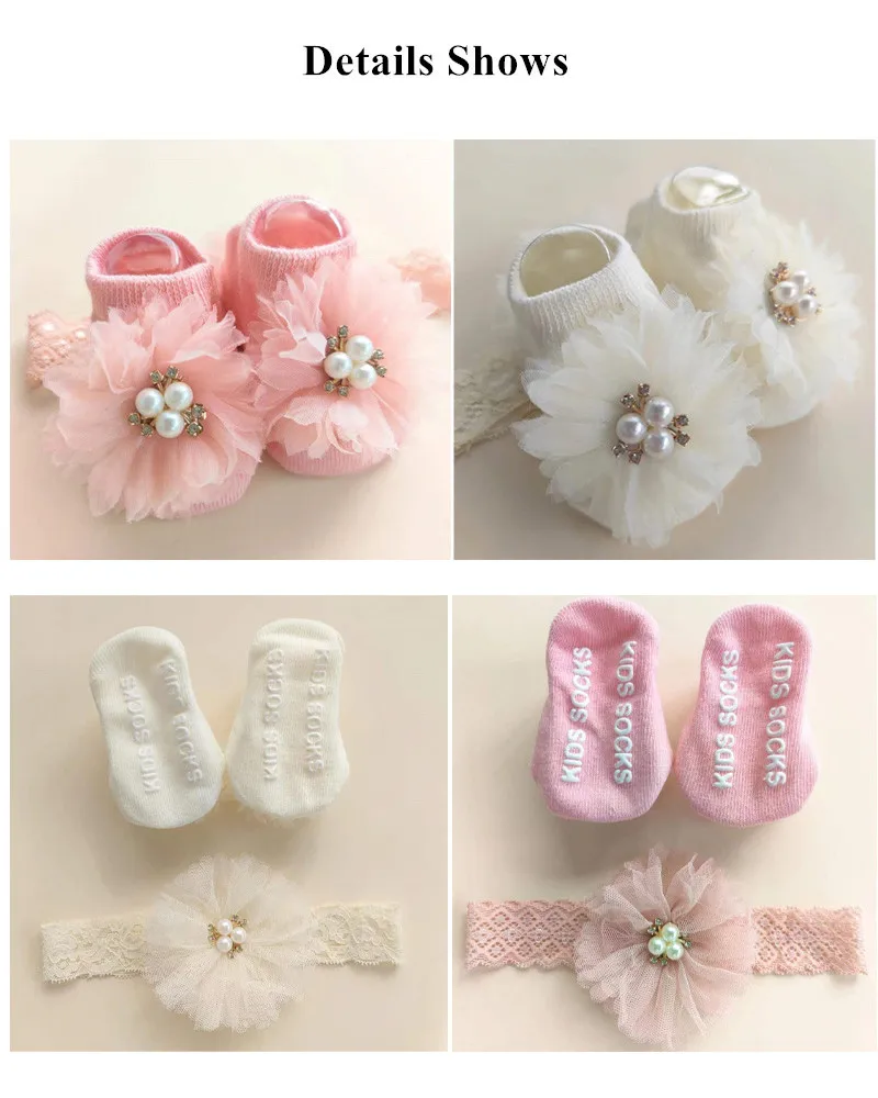 Süße Perle Schleifen Baby Stirnband Socken Set rutsch feste Baumwolle Socke Spitze Blume Neugeborenen Haarband Turban Mädchen Haarschmuck – Detail 6