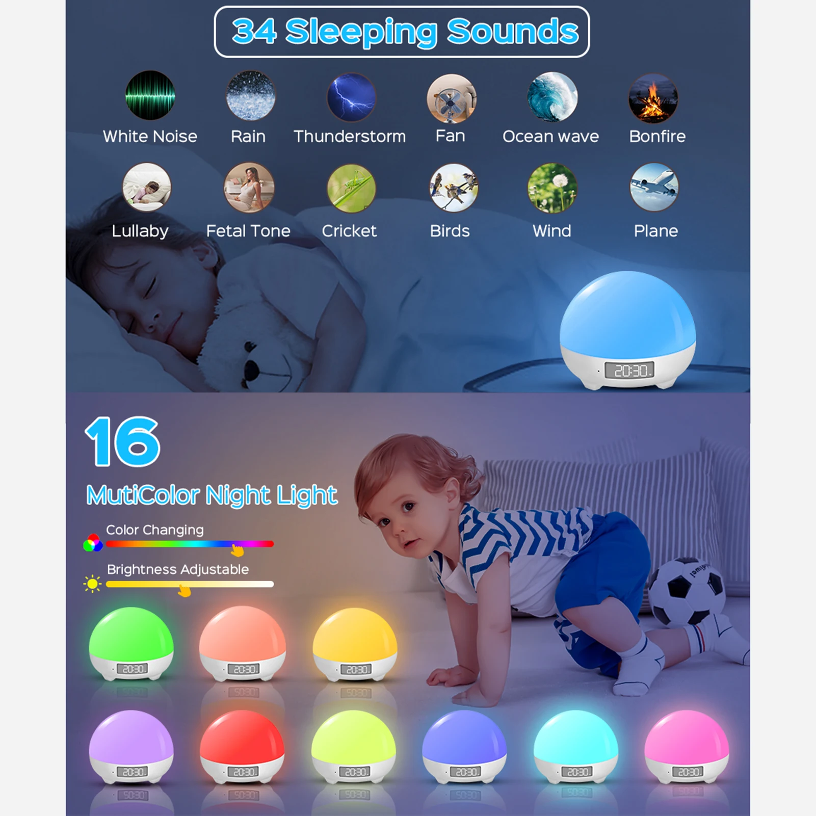 Baby Sleep White Noise Sound Machine Built-in Baby Cry Detector With Night Lights Adjustable 34 Soothing Sleep Aid Device