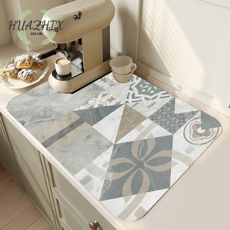

Retro Geometry Drain Pad Absorbent Dish Drying Mat Anti-mildew Counter Top Tableware Placemat Sink Non-slip Dish Draining Tool