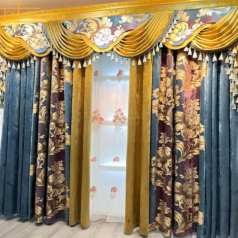 Empalme-de-terciopelo-Jacquard-azul-Palacio-Vintage-con-cortinas-de
