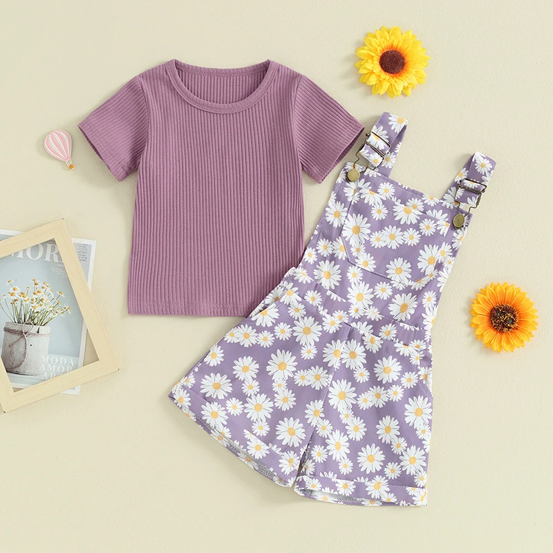 FOCUSNORM 3 Colors Toddler Kids Girls Clothes Sets 1-5Y Outfit Solid Ribbed Short Sleeve T-Shirt with Daisy Print Overall Shorts