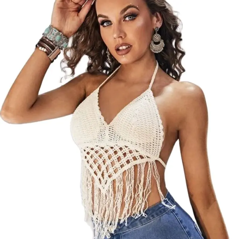 

Backless Women Clothes Summer Female Tassel Patchwork Halter Collar Lady Sexy Tops Hollow Out Knit Woman Strap Tees Irregular