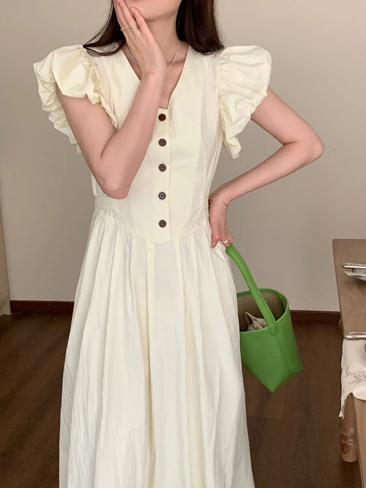 

QOERLIN Korean Style Puff Sleeve High Waist Women Dresses Summer Elegant V Neck Long Dress A Lace-Up Slim Waist Dress Minimalism