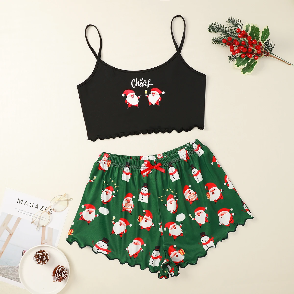 

New Santa Claus print women's tank top, suspender top, shorts, loungewear set, women's pajamas, free shipping