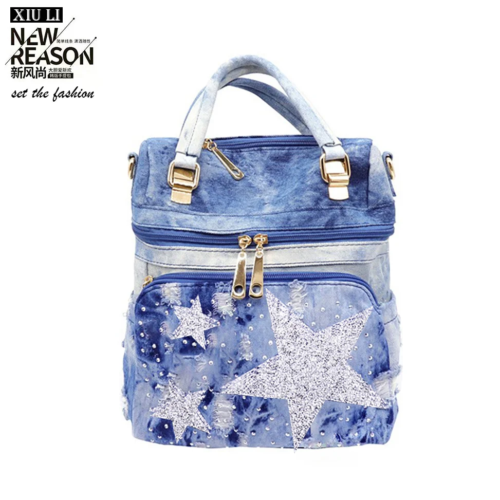 

brand women's backpack able denim backpack school bag for girls teenage for books fire-poninted star travel bag