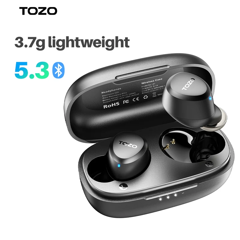 TOZO A1 Bluetooth Earphones,  Wireless Earbuds Immersive Sound Long Distance Connection Headphones Ultra Lightweight,Black