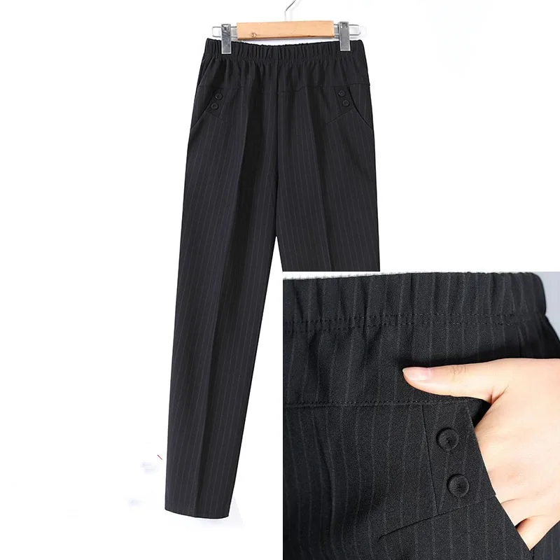 Spring and Autumn Women's Solid Stripe High Waist Elastic Pocket Straight Sleeve Loose Fit Fashion Elegant Commuter Casual Pants